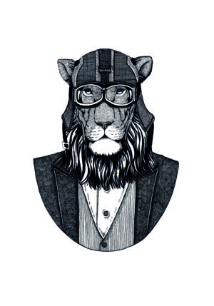 Retrato de león con atuendo vintage