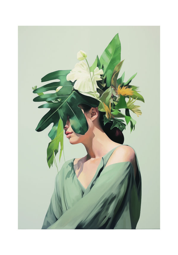 Retrato moderno con elementos tropicales  Esta obra representa una figura serena adornada con exuberantes hojas verdes y delicados detalles florales
