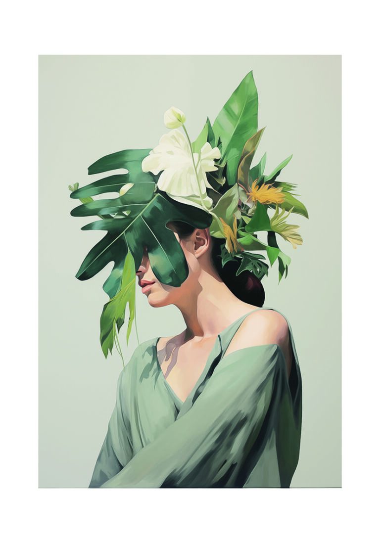 Retrato moderno con elementos tropicales  Esta obra representa una figura serena adornada con exuberantes hojas verdes y delicados detalles florales