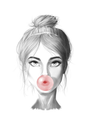 Retrato ilustrado con globo de chicle