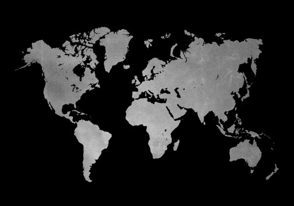 Mapa mundial plateado sobre fondo negro