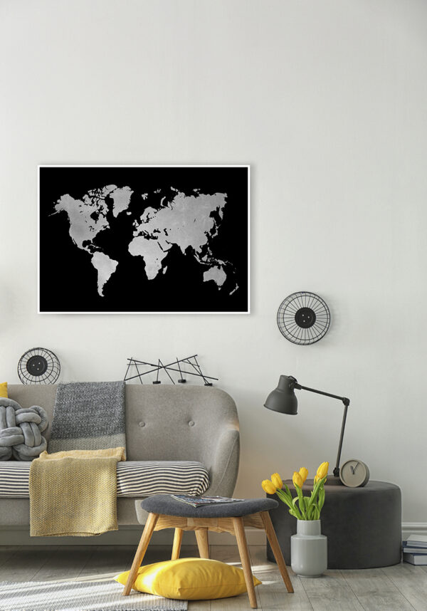 Mapa mundial plateado sobre fondo negro