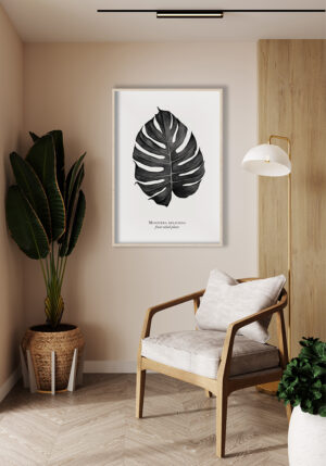 Ilustración monocromática de hoja de monstera