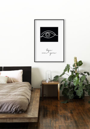 Dibujo minimalista de ojo con tipografía