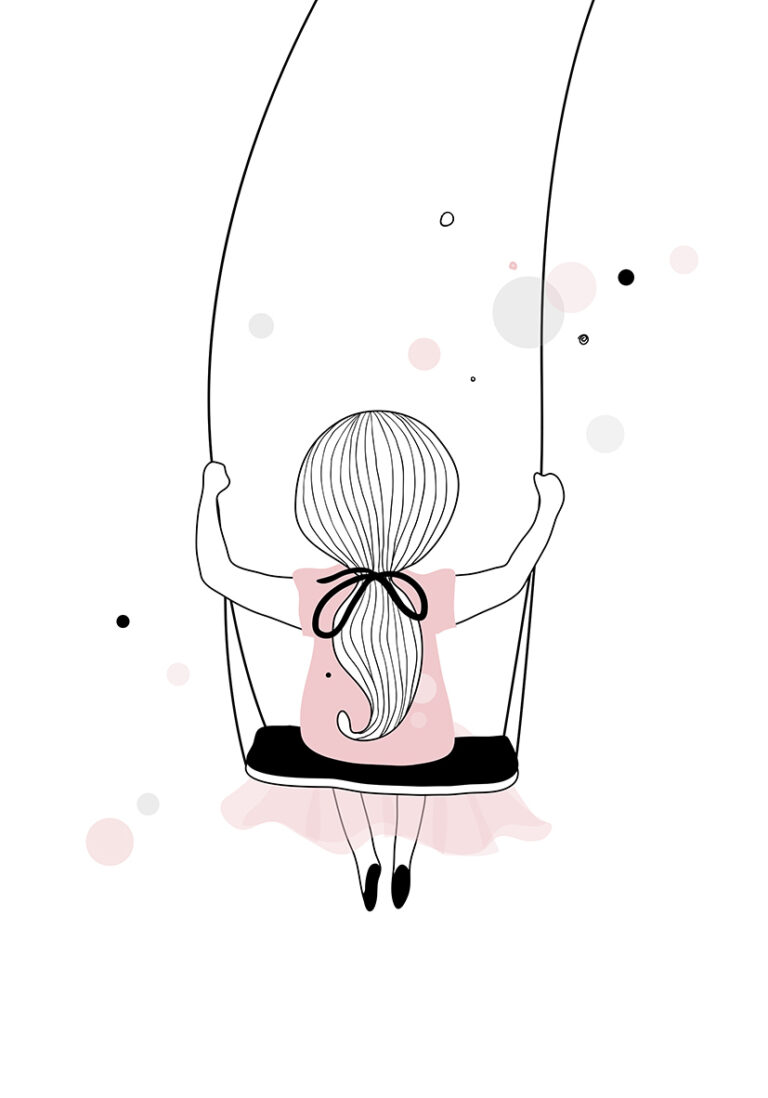 Ilustración minimalista de niña columpiándose