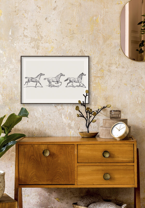 Ilustración grabada de caballos corriendo