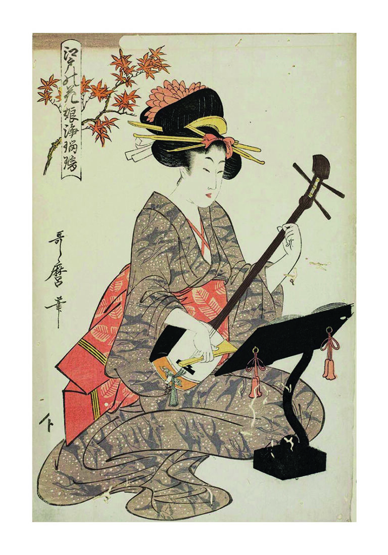 Mujer ukiyo-e elegante con shamisen