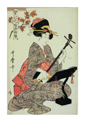 Mujer ukiyo-e elegante con shamisen