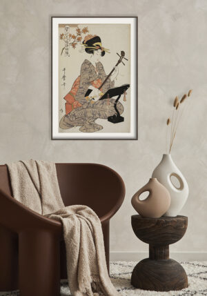 Mujer ukiyo-e elegante con shamisen