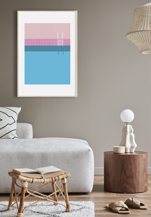 Arte minimalista de piscina en rosa y azul