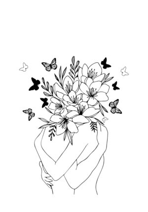 Abrazo floral abstracto con mariposas