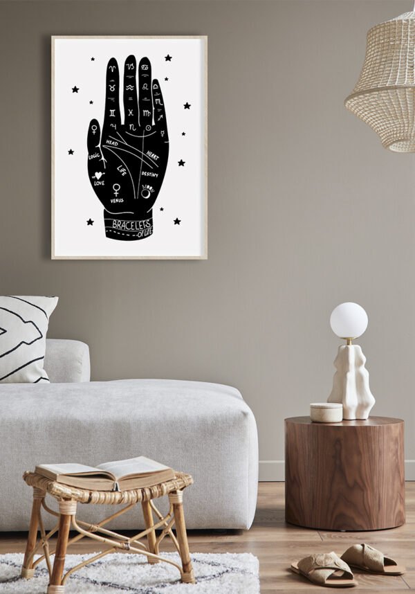 Mano de quiromancia con símbolos del zodiaco