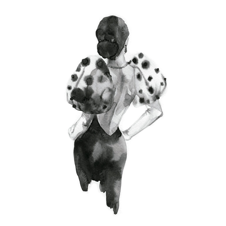 Ilustración de moda en tinta negra