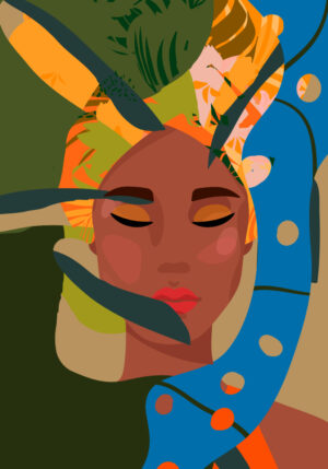Retrato vibrante con motivos tropicales