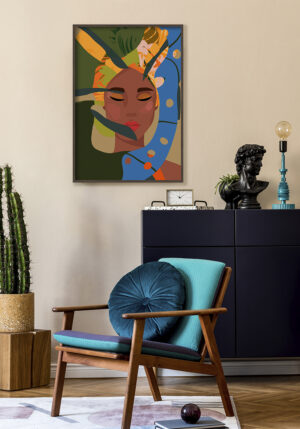 Retrato vibrante con motivos tropicales