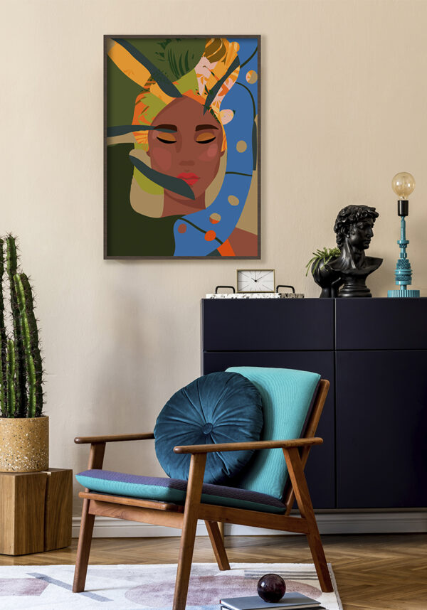 Retrato vibrante con motivos tropicales