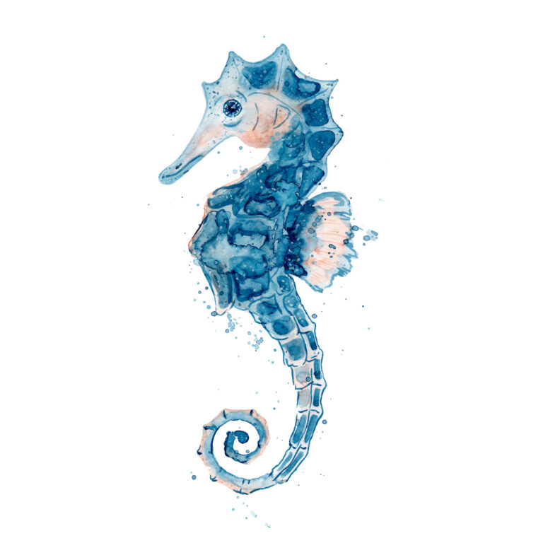 Ilustración de caballito de mar azul en acuarela