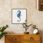 Ilustración de caballito de mar azul en acuarela