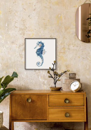 Ilustración de caballito de mar azul en acuarela