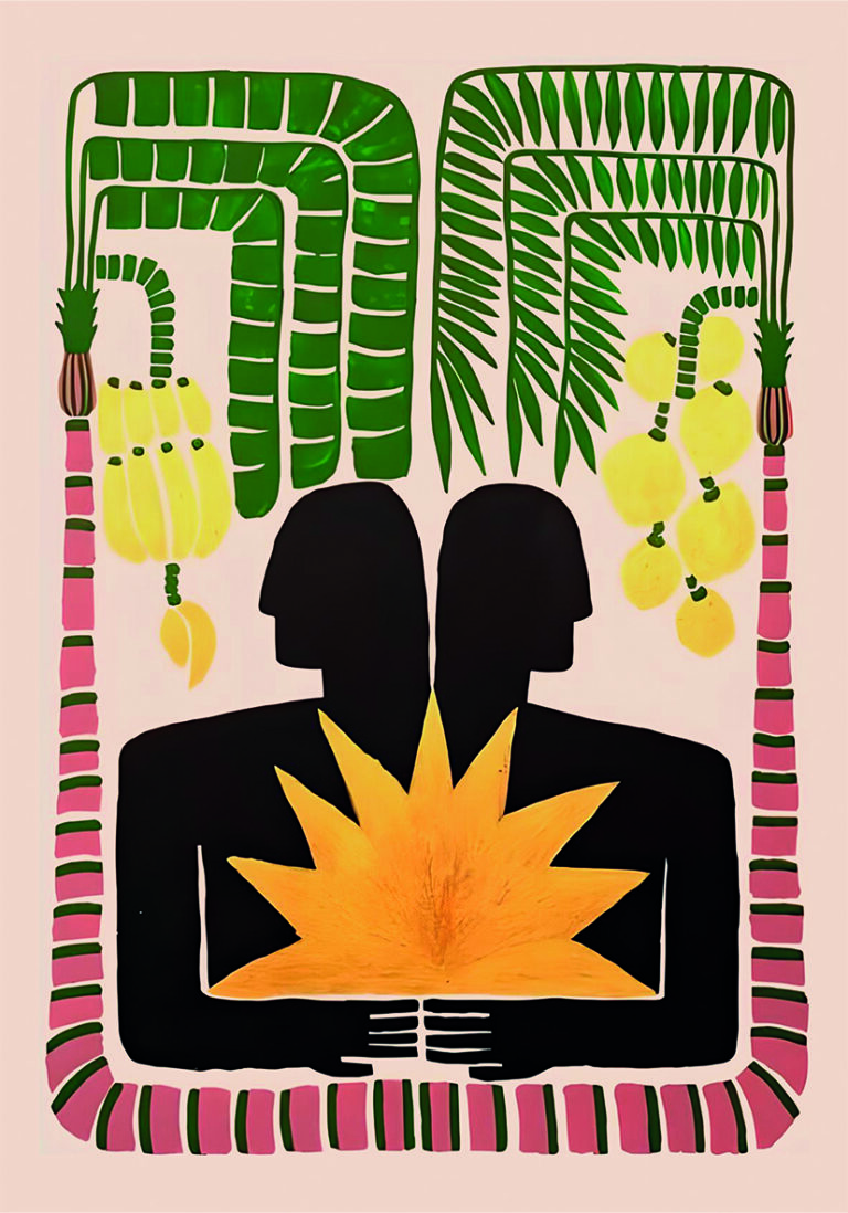Ilustración tropical abstracta con siluetas humanas