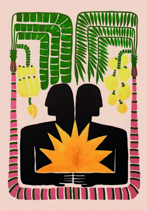 Ilustración tropical abstracta con siluetas humanas