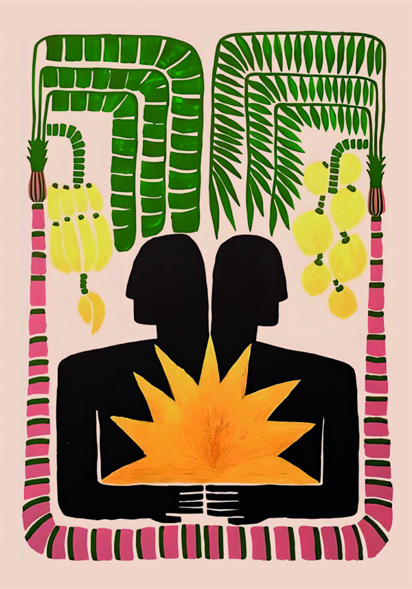 Ilustración tropical abstracta con siluetas humanas