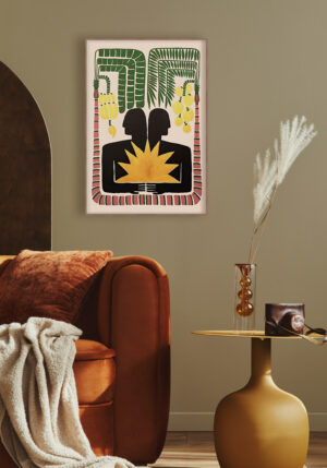 Ilustración tropical abstracta con siluetas humanas