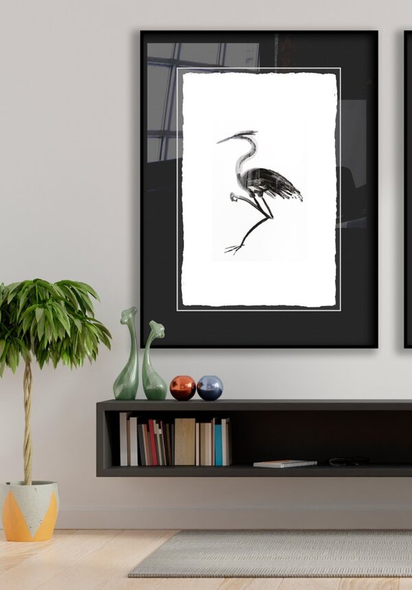 Ilustración elegante de garza en tinta
