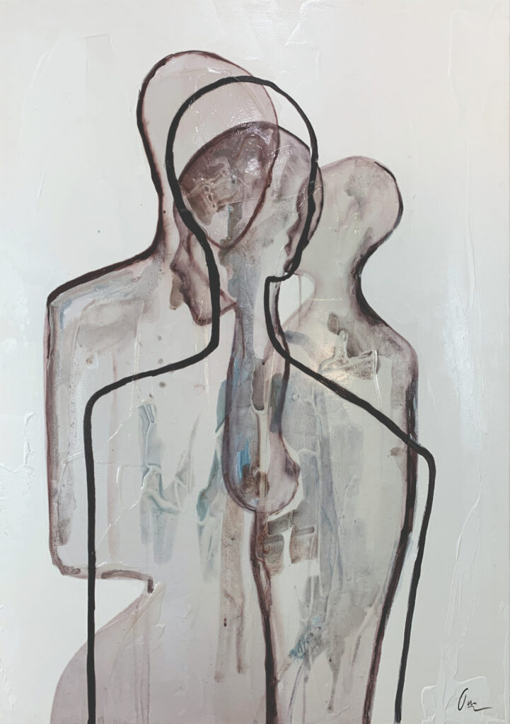 Arte abstracto con siluetas humanas superpuestas