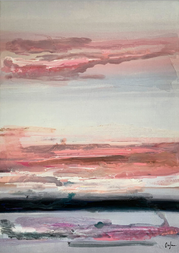 Obra abstracta en rosa y gris