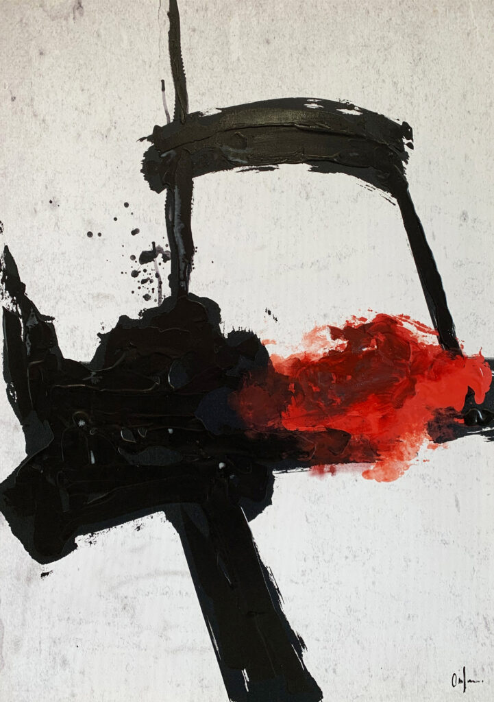 Proyección abstracta que une trazos en negro y rojo