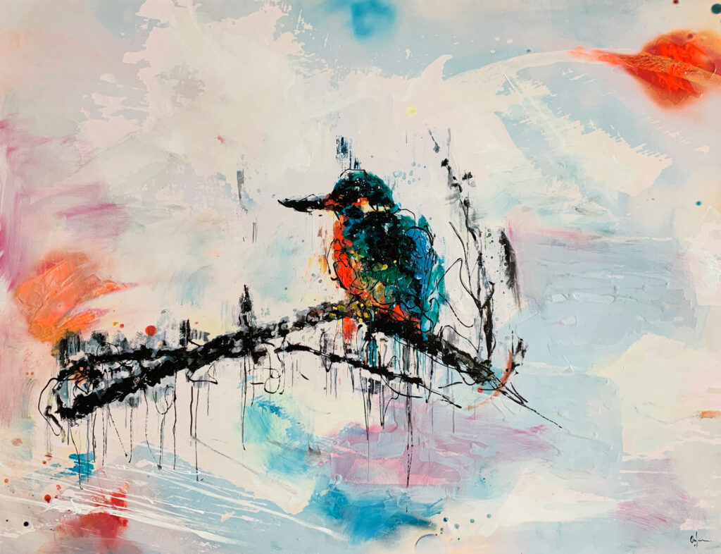 Pintura abstracta que sugiere un ave llena de vitalidad