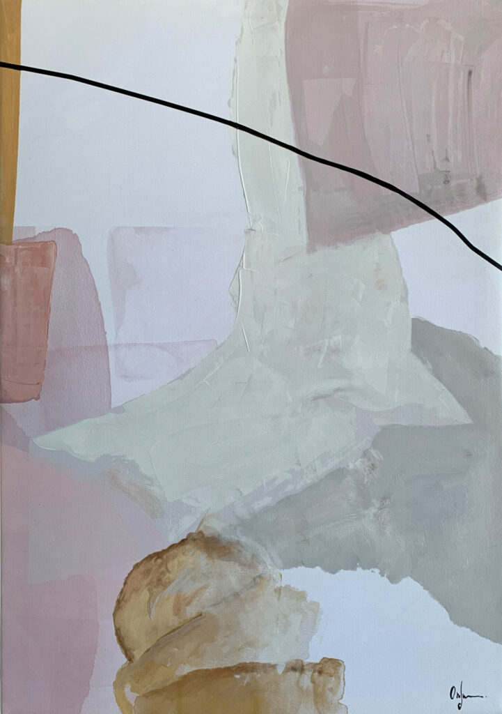 Diseño en pastel y paleta neutra que sugiere remolinos abstractos