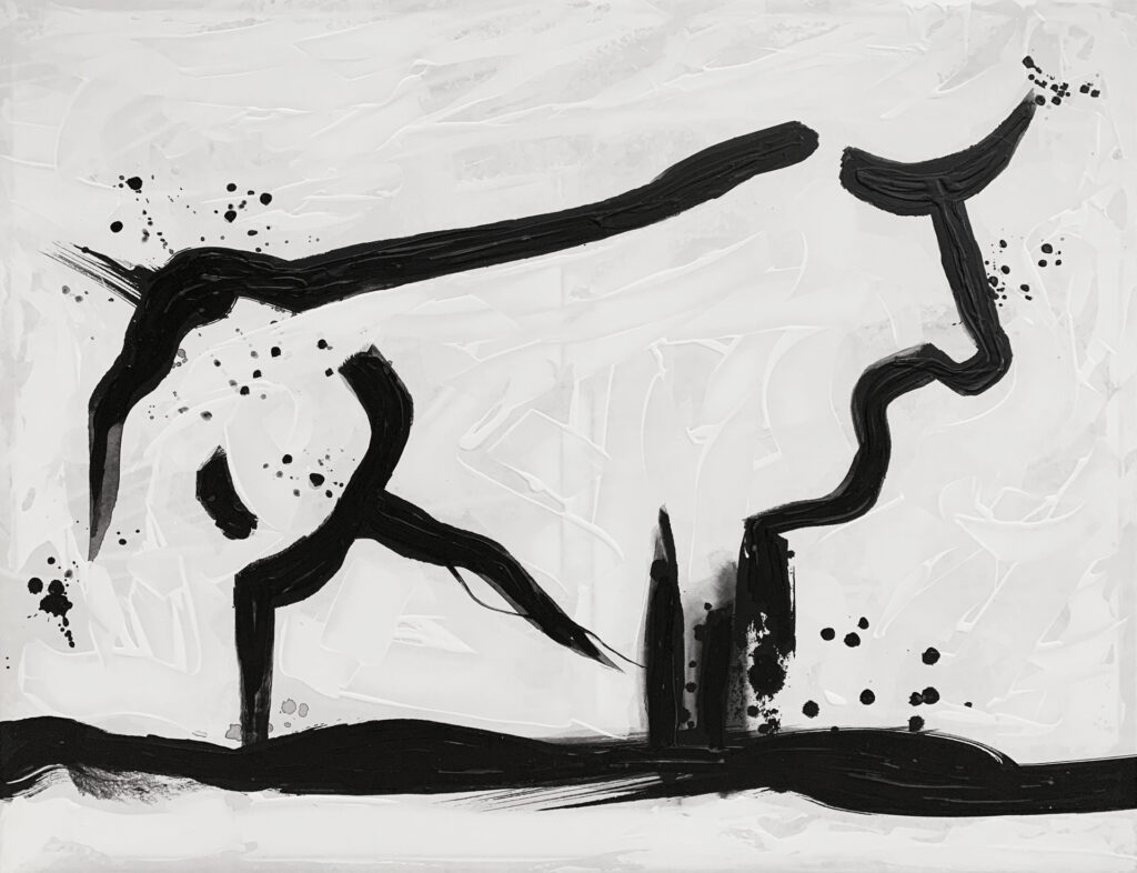Pintura abstracta de toro en blanco y negro