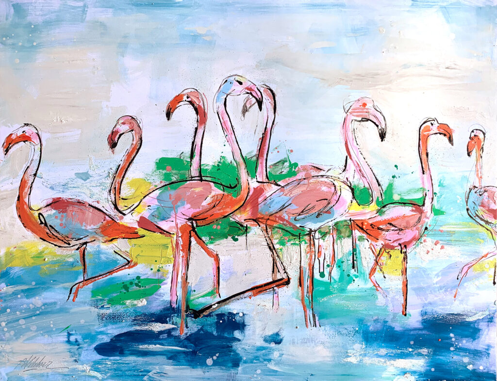 Obra de flamencos en tonos vibrantes