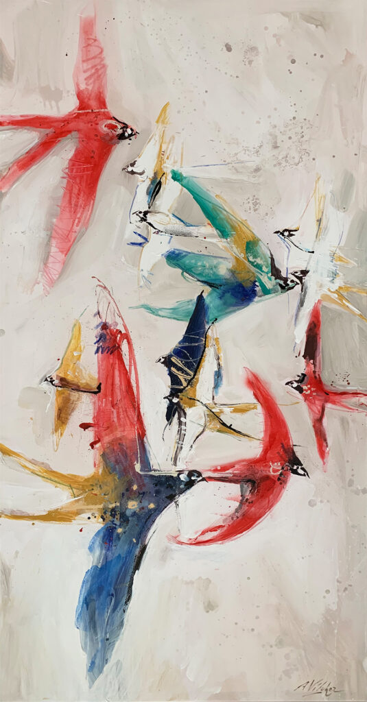 Pintura con aves vibrantes en clave abstracta