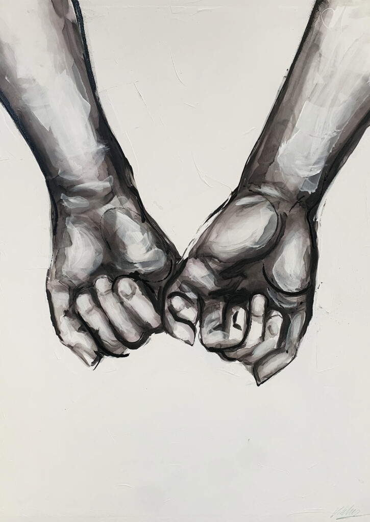 Dibujo monocromo de manos enlazadas