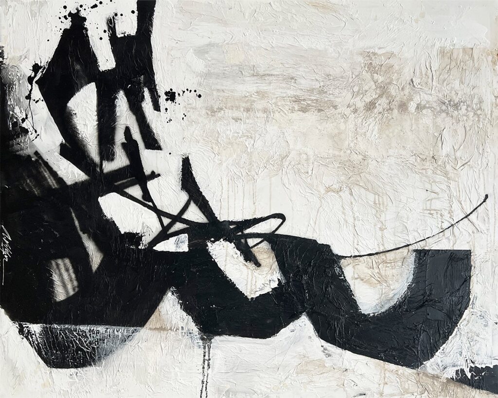 Cuadro abstracto gestual en blanco y negro con textura