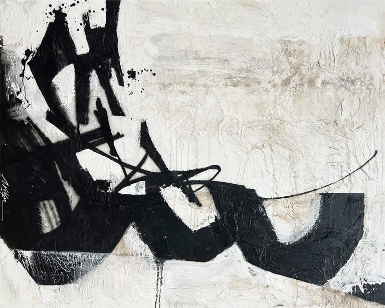 Cuadro abstracto gestual en blanco y negro con textura