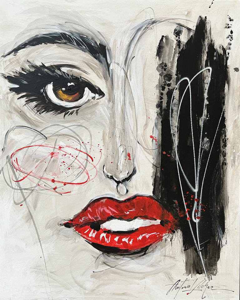 Retrato abstracto contemporáneo en blanco y negro con acento rojo