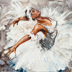 Cuadro de bailarina abstracta con vestido blanco en movimiento