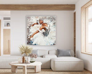 Cuadro de bailarina abstracta con vestido blanco en movimiento en salón luminoso.
