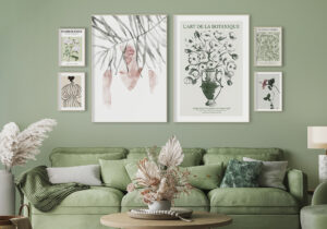 Colección botánica enmarcada en paredes verdes