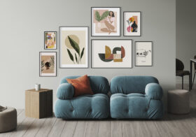 Decoración de salón elegante con arte impreso