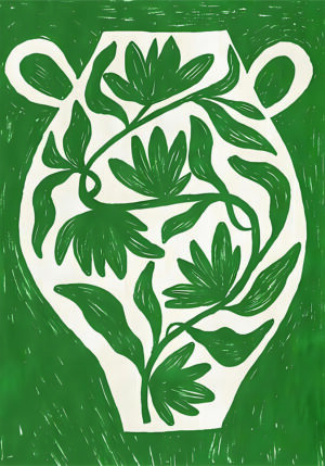 Ilustración Botánica Verde en Jarrón de Arcilla