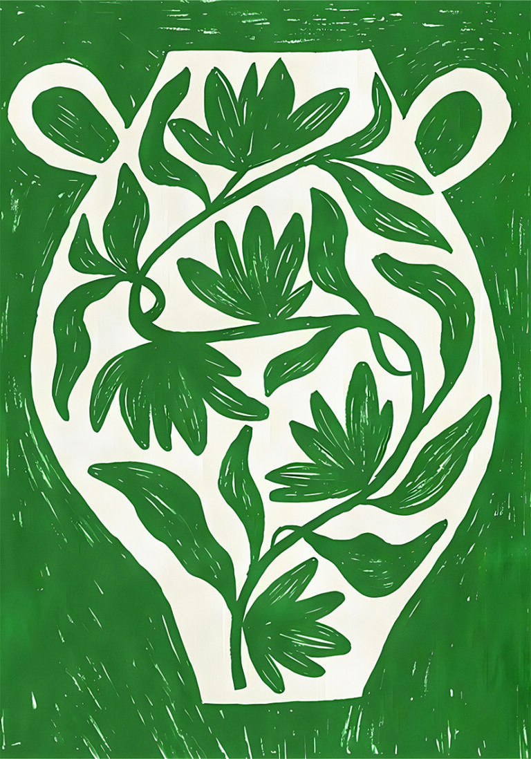 Ilustración Botánica Verde en Jarrón de Arcilla