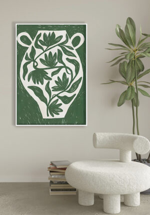 Ilustración Botánica Verde en Jarrón de Arcilla