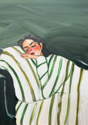 Reposo Sereno: Figura Femenina en Rayas Verdes sobre Esmeralda