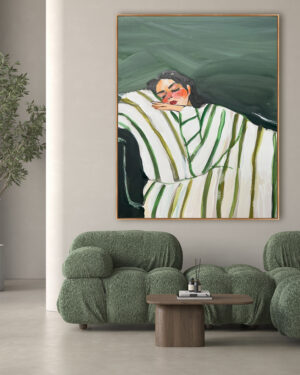 Retrato de Figura Relajada con Rayas Verdes para Interiores Modernos