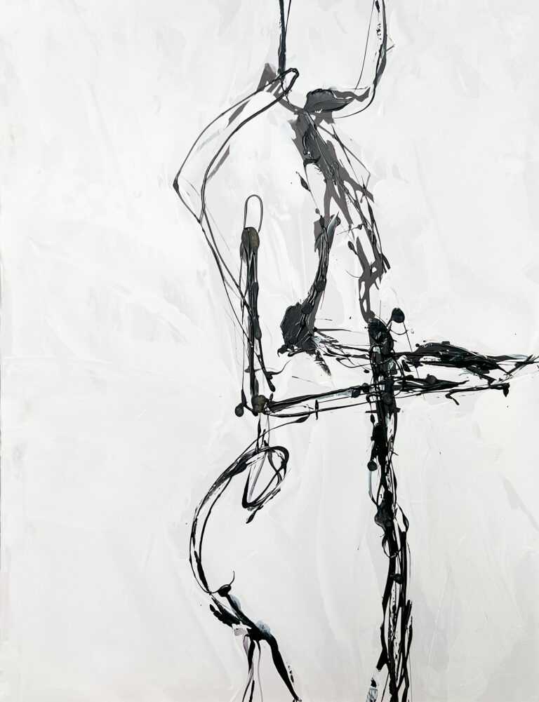Dibujo Lineal Abstracto: Figura Gestual en Negro sobre Blanco
